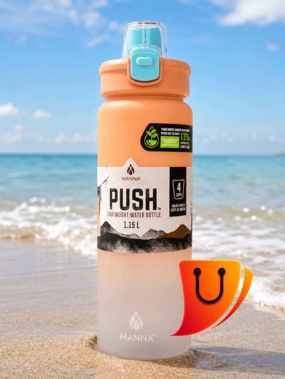 Manna™ Push™ 39 oz (1.15 L) Plastic Water Bottle – Orange